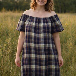 GAP Madras Blue Plaid sz S Dress pockets on off shoulder